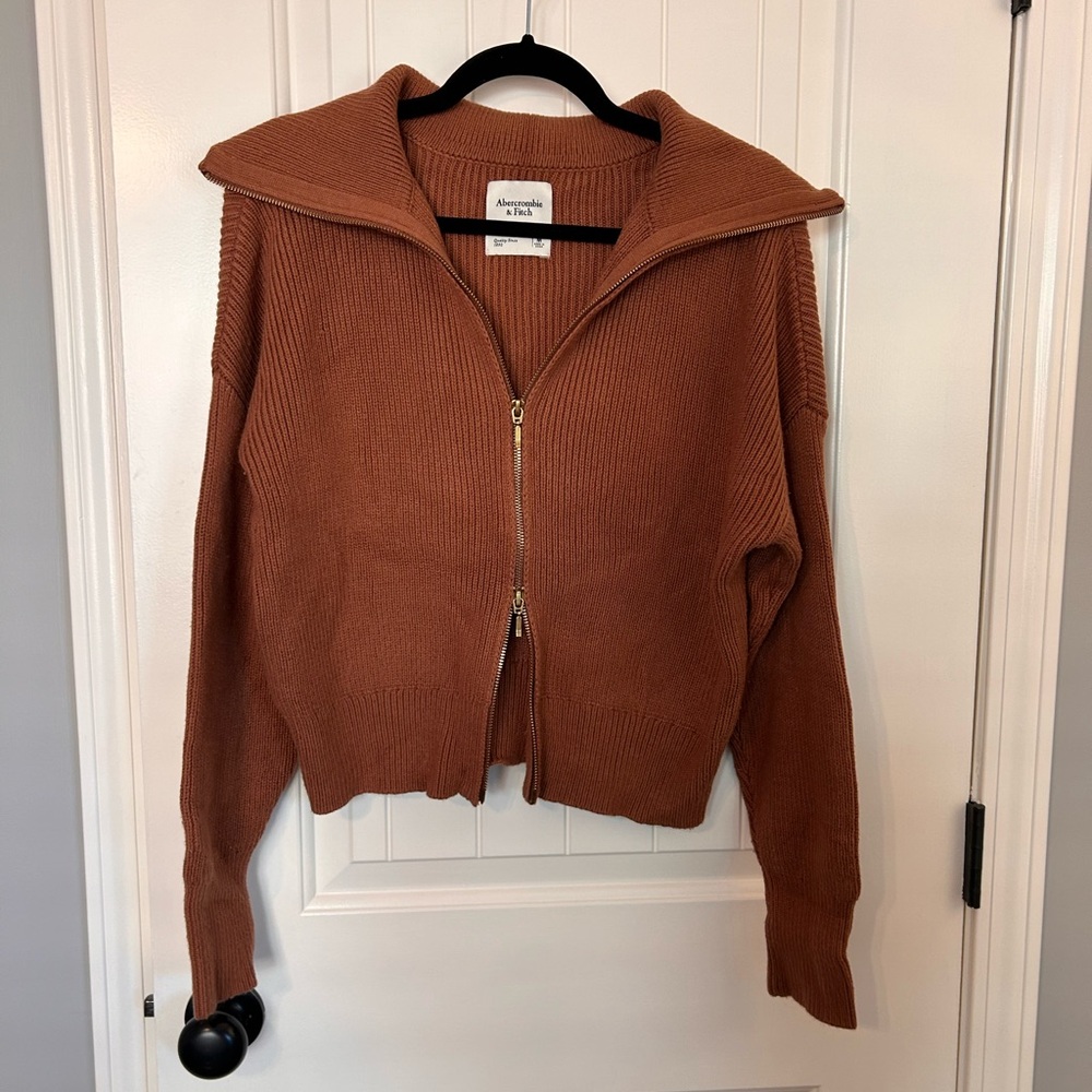 Abercrombie Double Zip Ribbed Cardigan Brown Medium